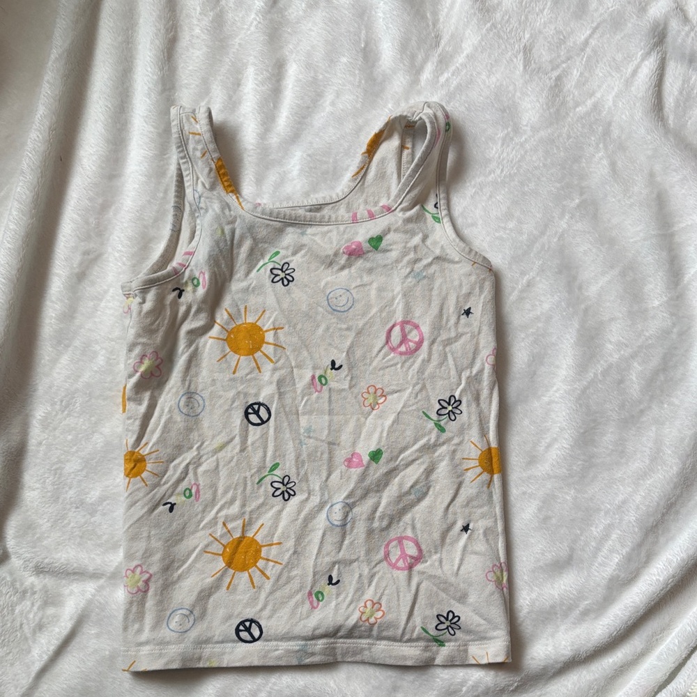 Old Navy White Girls Tank Top with Yellow Sun & Multicolor Peace Print